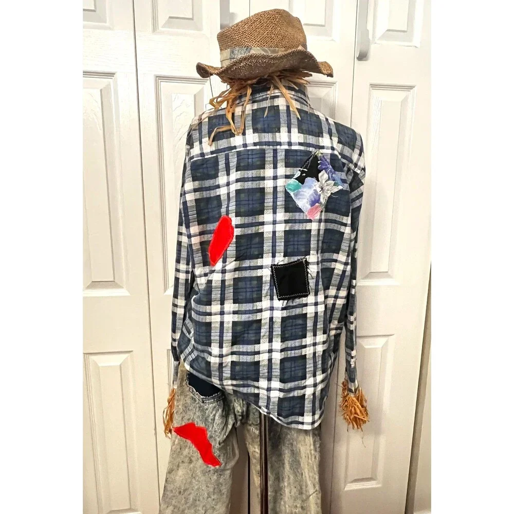 Vtg Handmade Scarecrow Costume Adult M/L Halloween USA Denim Patchwork Straw Hat